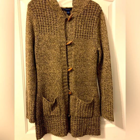 Westbound Hooded Sweater Knit Brown Toggle Wood Buttons Pockets Sz S - Picture 1 of 10